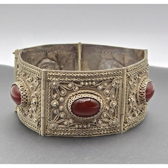 Antique 900 Silver Cannetille Carnelian Cabochon Hinged Panel Bracelet 7" - Picture 1 of 16